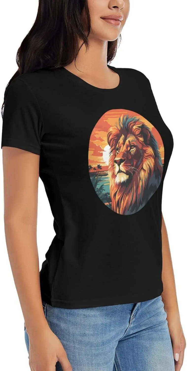 Women's Lion Sunset T-Shirt, Crewneck Casual Tees