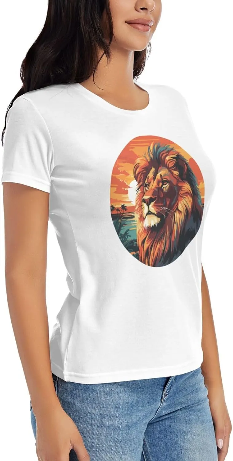 Women's Lion Sunset T-Shirt, Crewneck Casual Tees