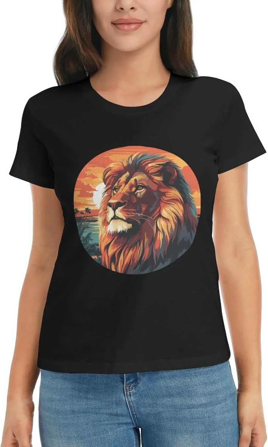 Women's Lion Sunset T-Shirt, Crewneck Casual Tees