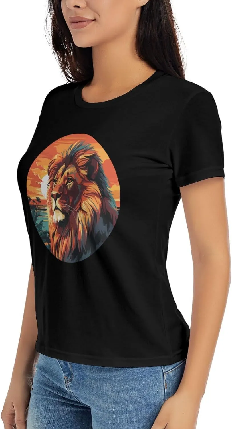 Women's Lion Sunset T-Shirt, Crewneck Casual Tees