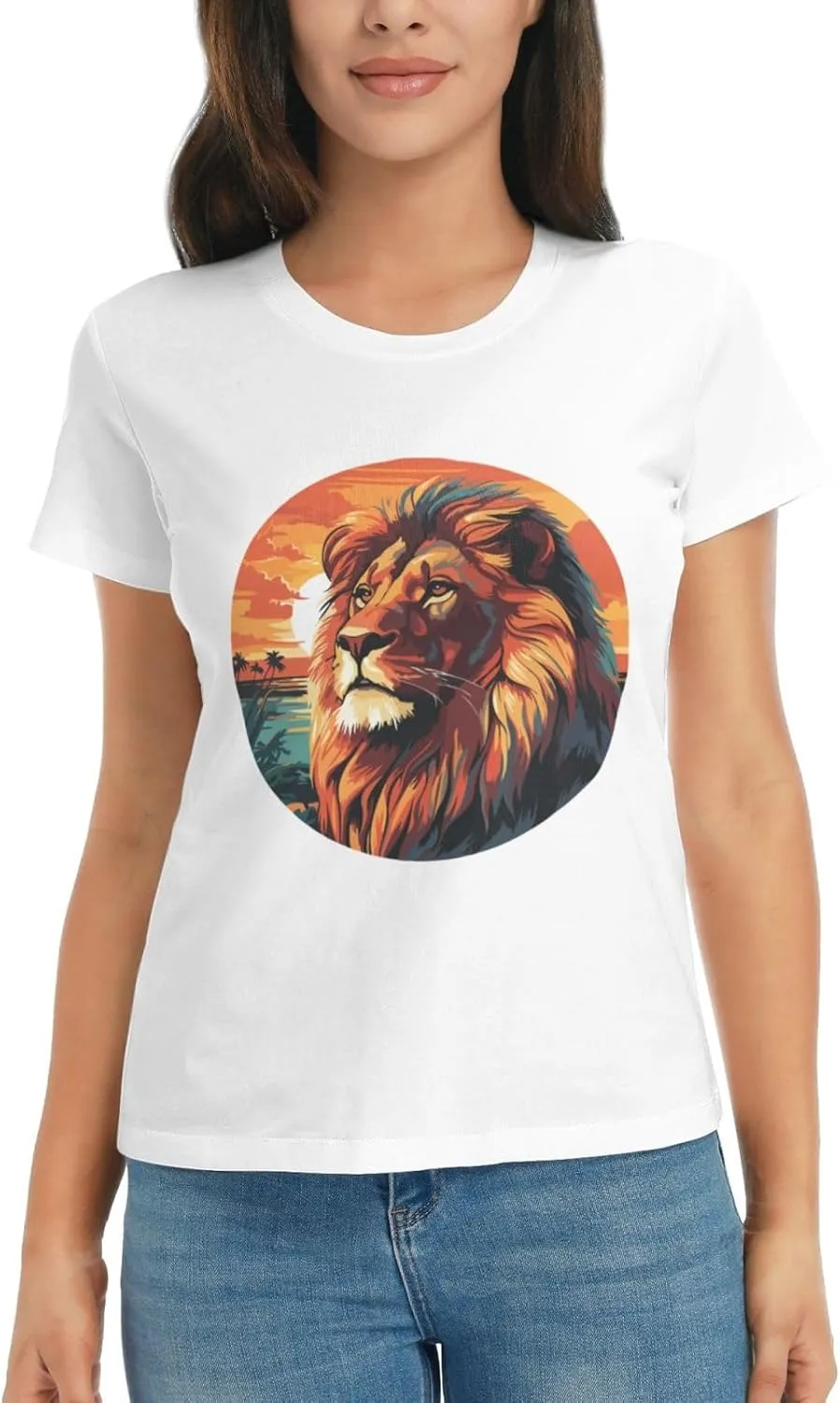 Women's Lion Sunset T-Shirt, Crewneck Casual Tees