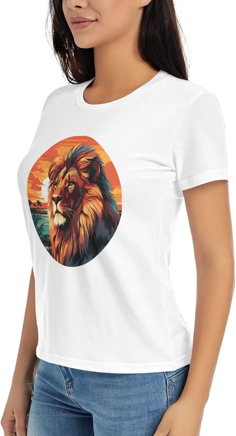 Women's Lion Sunset T-Shirt, Crewneck Casual Tees
