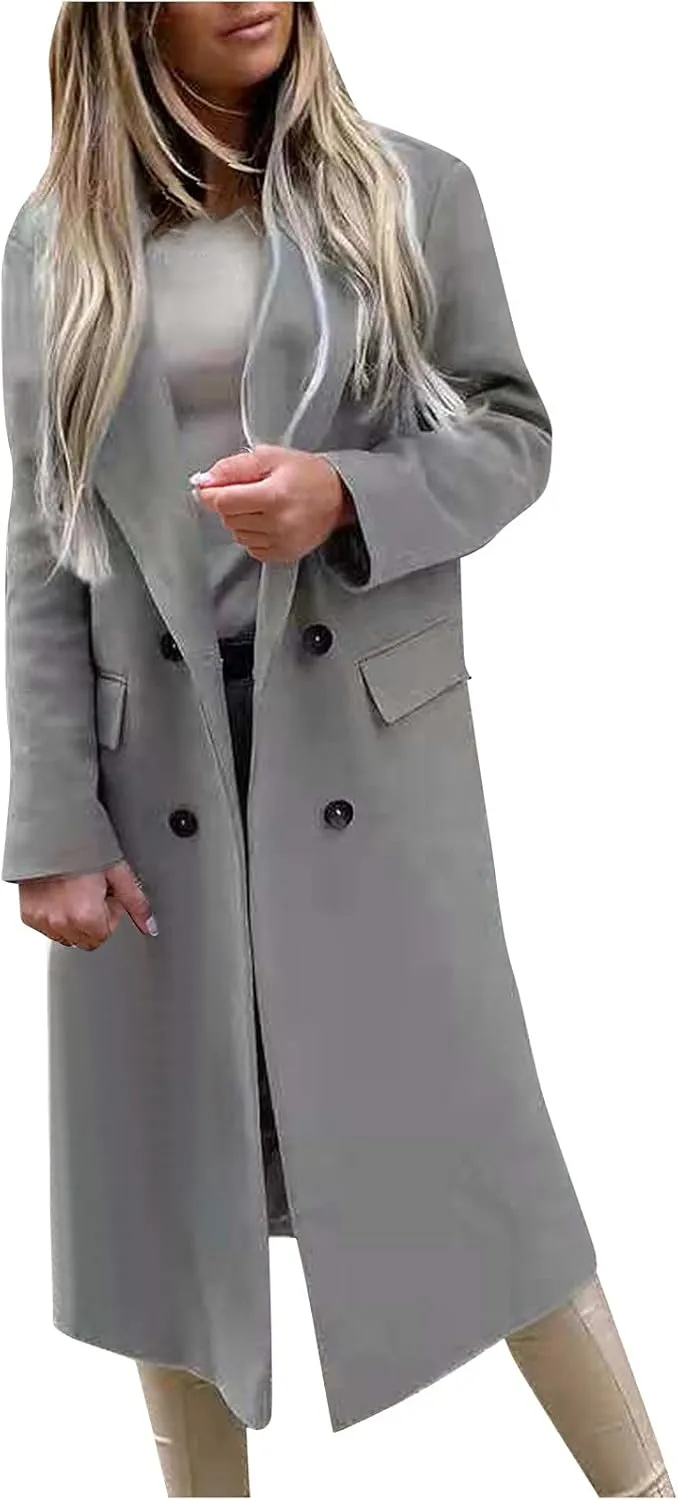 Women's Plus Size Trench Coat Fashion Long Notch Lapel Double Breasted Cardigans Wool Blend Pea Coats Winter Outwear
