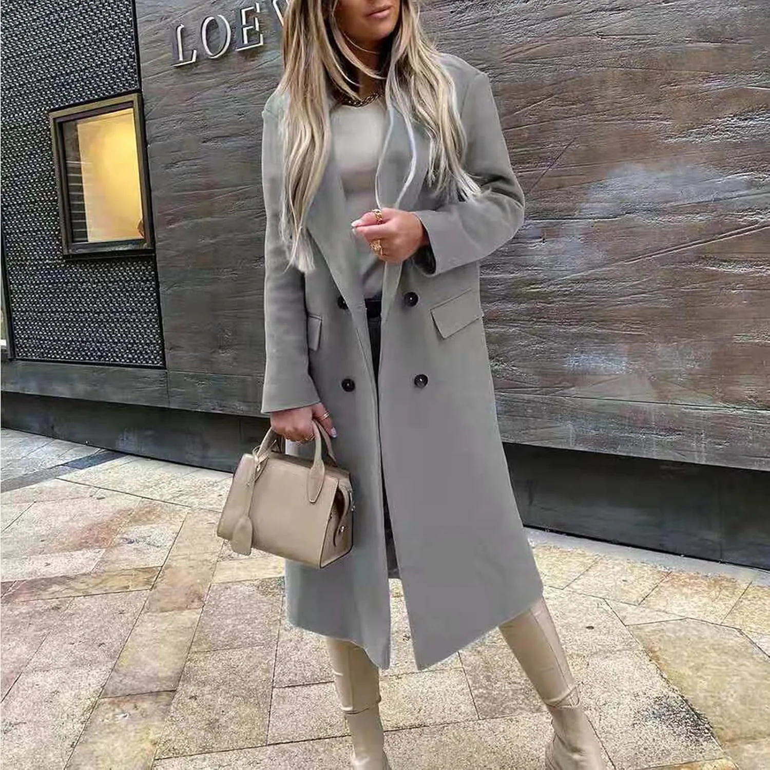 Women's Plus Size Trench Coat Fashion Long Notch Lapel Double Breasted Cardigans Wool Blend Pea Coats Winter Outwear