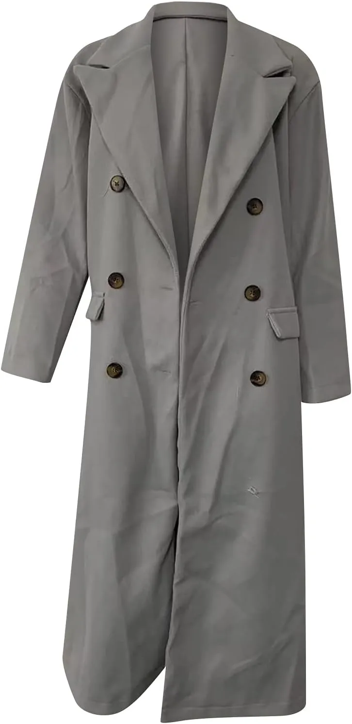 Women's Plus Size Trench Coat Fashion Long Notch Lapel Double Breasted Cardigans Wool Blend Pea Coats Winter Outwear