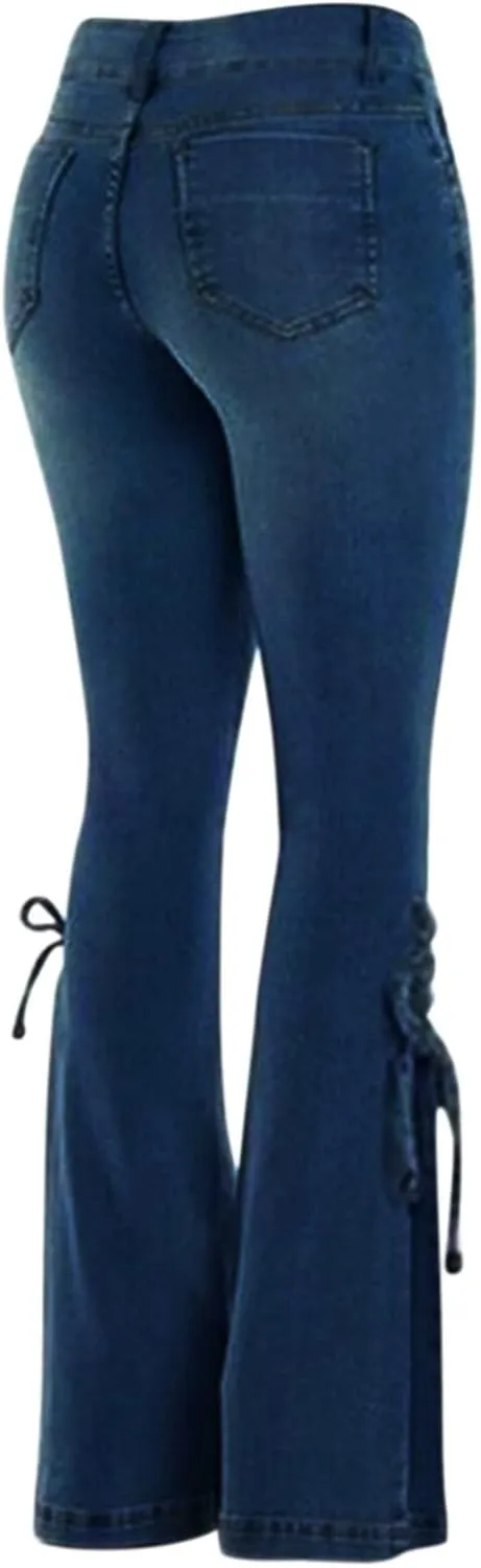 Womens Skinny Bell Bottom Jeans Destroyed Elastic Waist Totally Shaping Tassel Stretch Curvy Fit Jeans