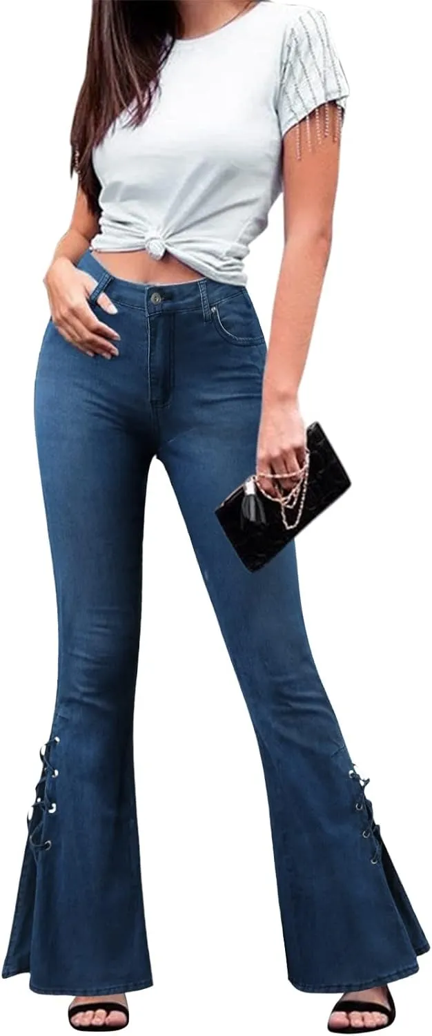 Womens Skinny Bell Bottom Jeans Destroyed Elastic Waist Totally Shaping Tassel Stretch Curvy Fit Jeans