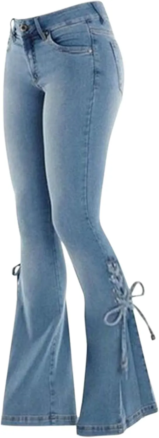 Womens Skinny Bell Bottom Jeans Destroyed Elastic Waist Totally Shaping Tassel Stretch Curvy Fit Jeans
