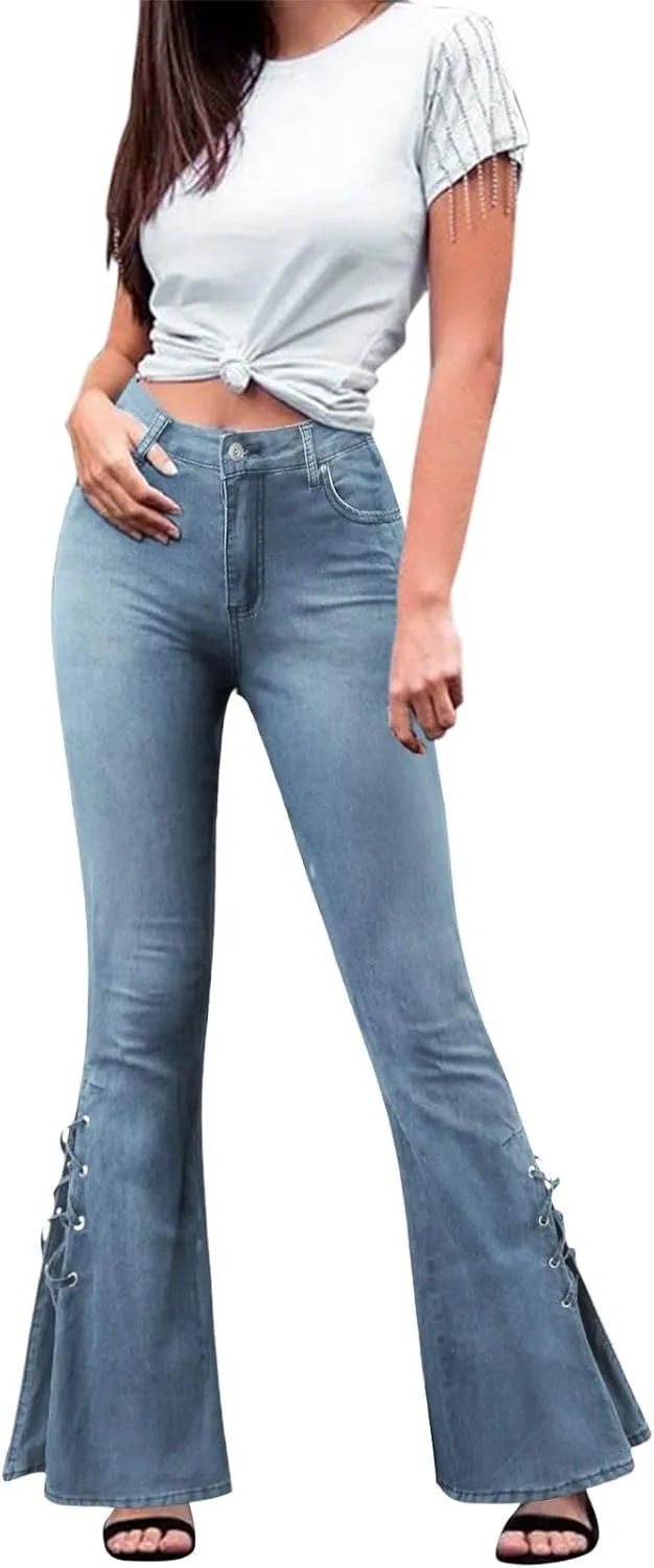 Womens Skinny Bell Bottom Jeans Destroyed Elastic Waist Totally Shaping Tassel Stretch Curvy Fit Jeans