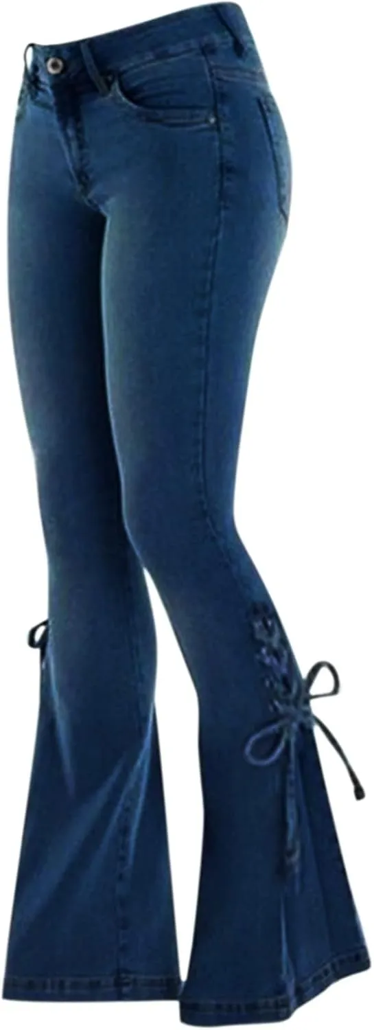 Womens Skinny Bell Bottom Jeans Destroyed Elastic Waist Totally Shaping Tassel Stretch Curvy Fit Jeans