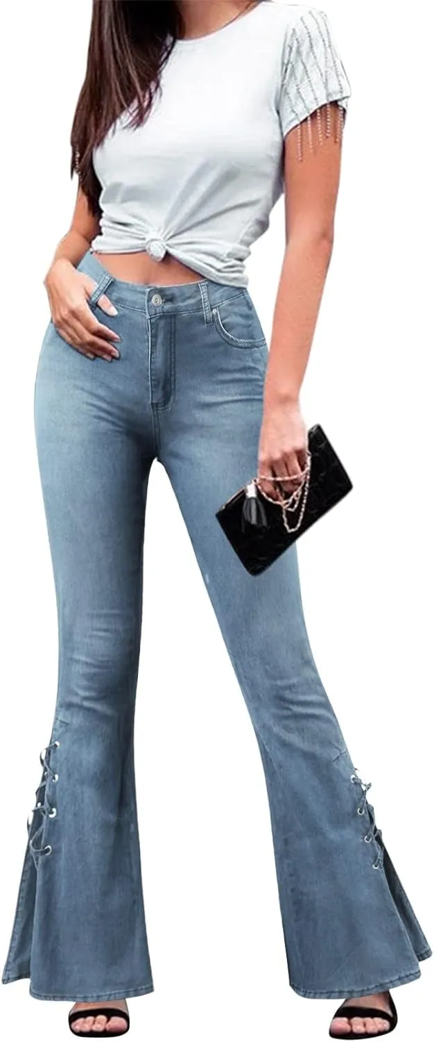 Womens Skinny Bell Bottom Jeans Destroyed Elastic Waist Totally Shaping Tassel Stretch Curvy Fit Jeans