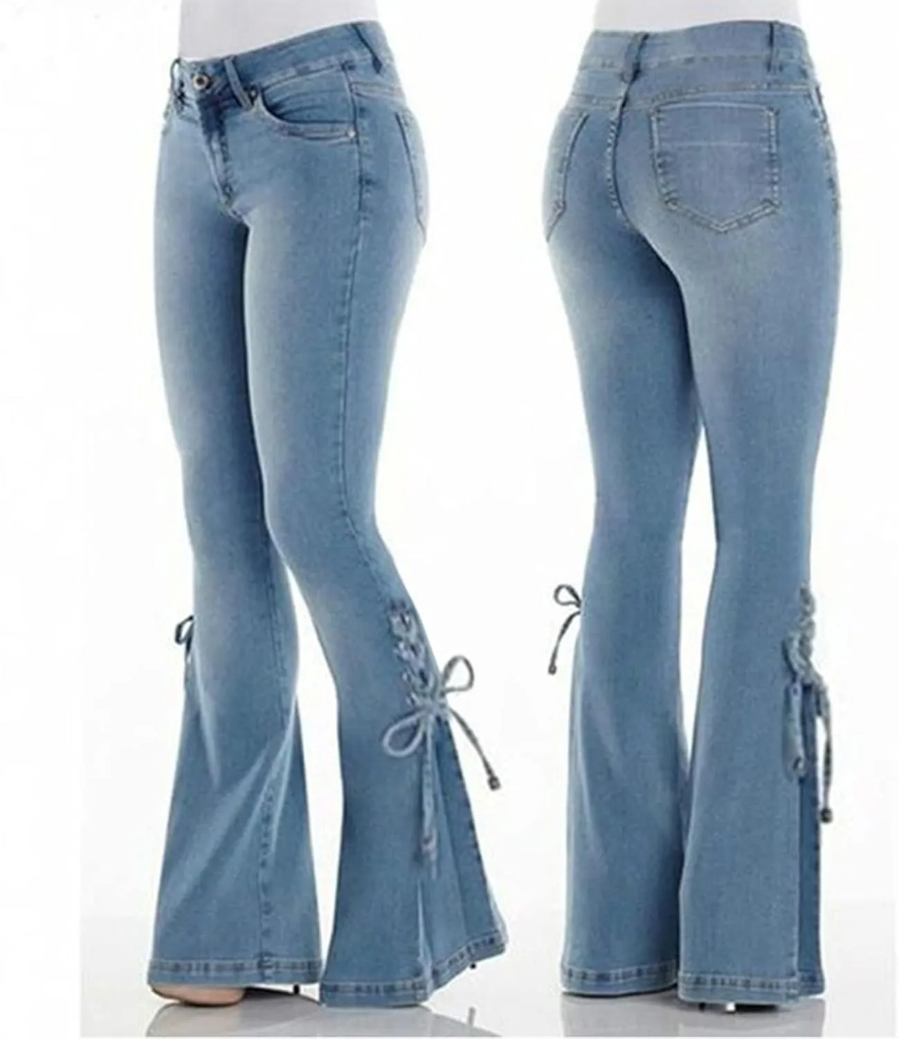 Womens Skinny Bell Bottom Jeans Destroyed Elastic Waist Totally Shaping Tassel Stretch Curvy Fit Jeans