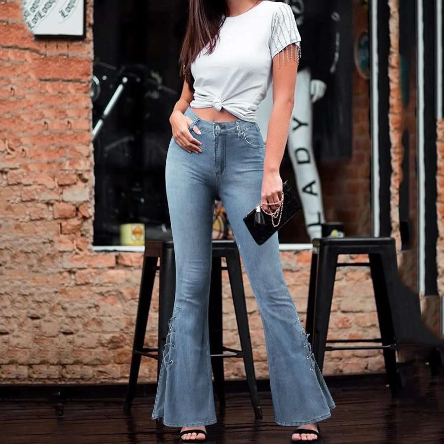 Womens Skinny Bell Bottom Jeans Destroyed Elastic Waist Totally Shaping Tassel Stretch Curvy Fit Jeans