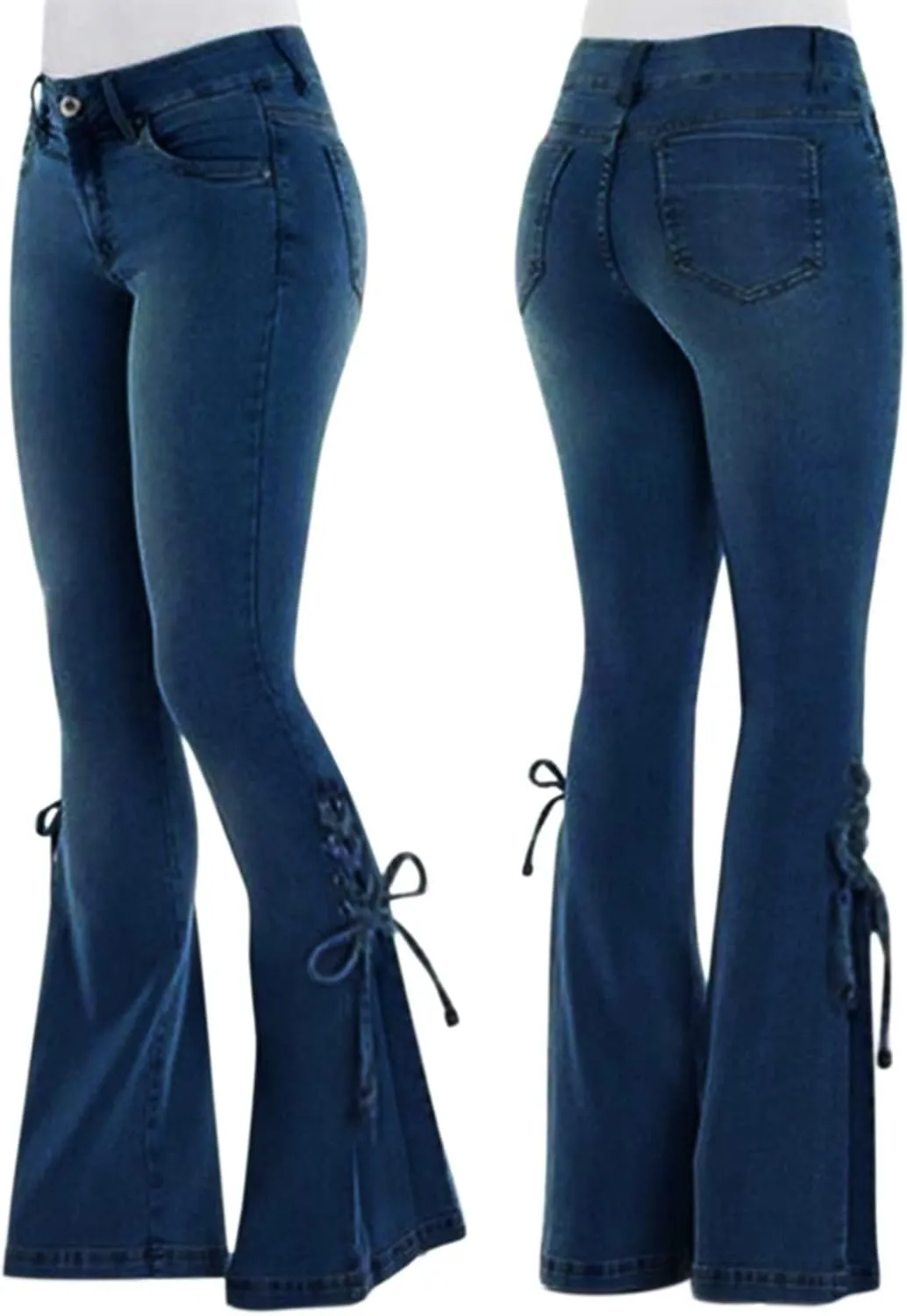 Womens Skinny Bell Bottom Jeans Destroyed Elastic Waist Totally Shaping Tassel Stretch Curvy Fit Jeans