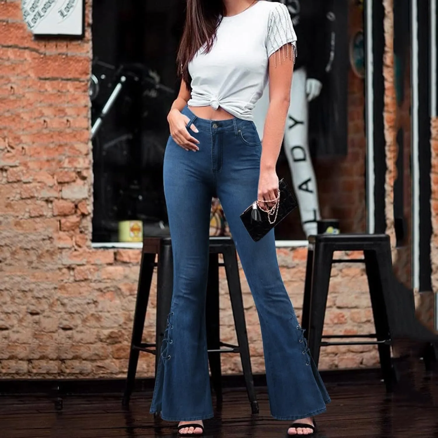 Womens Skinny Bell Bottom Jeans Destroyed Elastic Waist Totally Shaping Tassel Stretch Curvy Fit Jeans