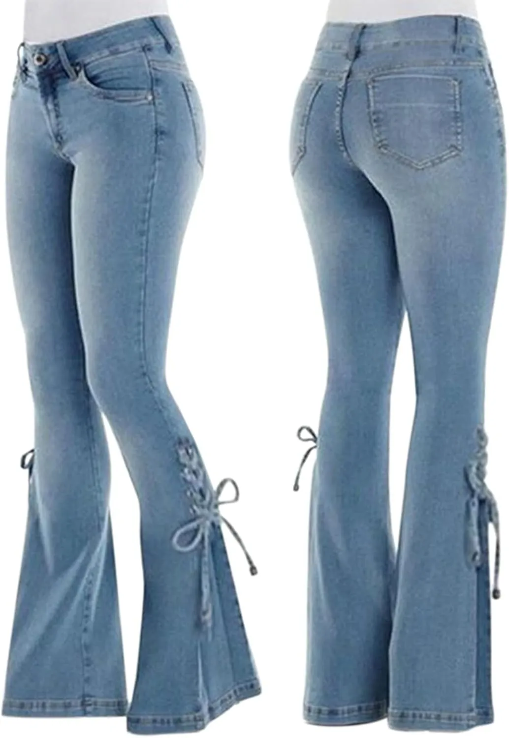 Womens Skinny Bell Bottom Jeans Destroyed Elastic Waist Totally Shaping Tassel Stretch Curvy Fit Jeans