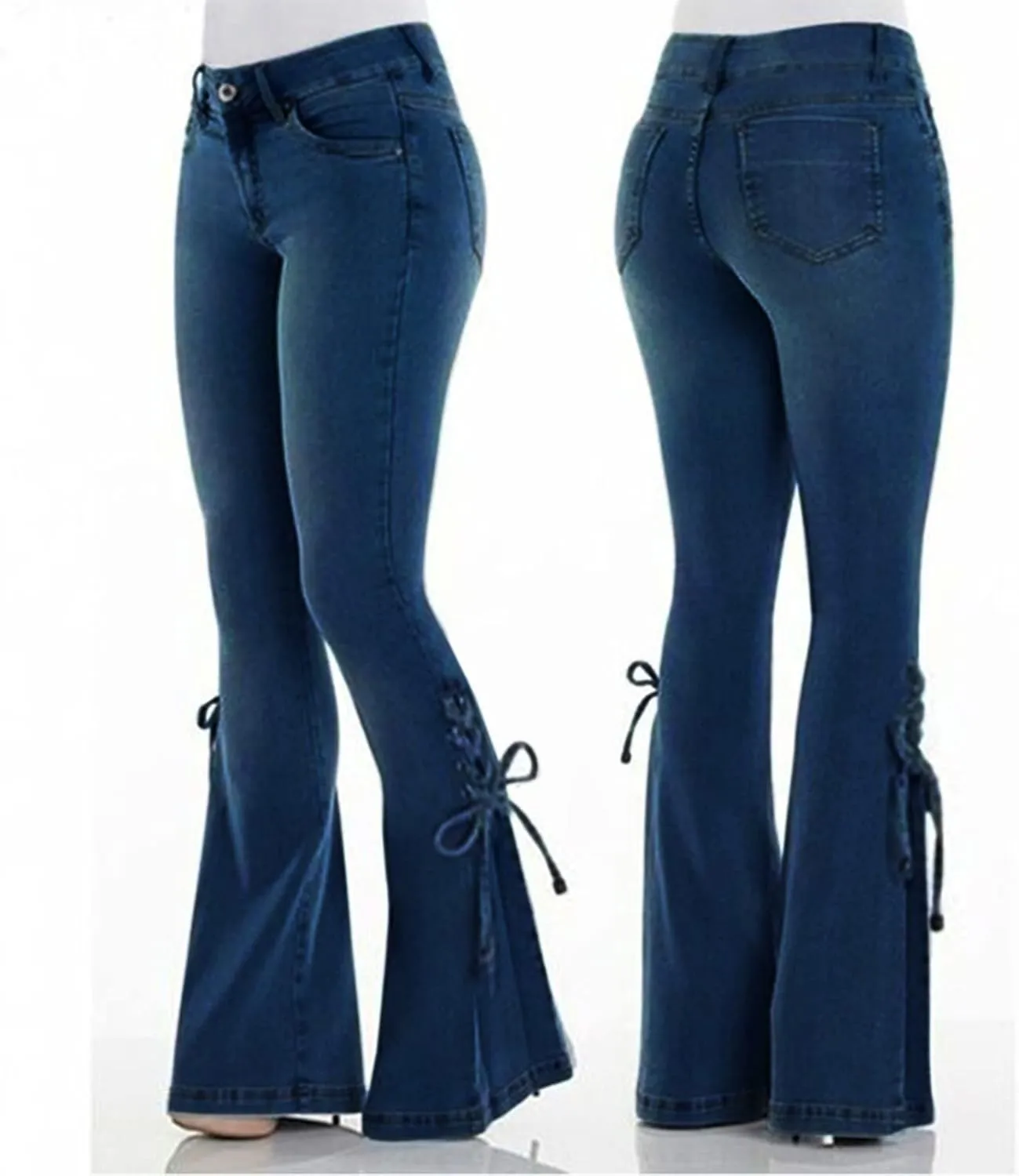 Womens Skinny Bell Bottom Jeans Destroyed Elastic Waist Totally Shaping Tassel Stretch Curvy Fit Jeans
