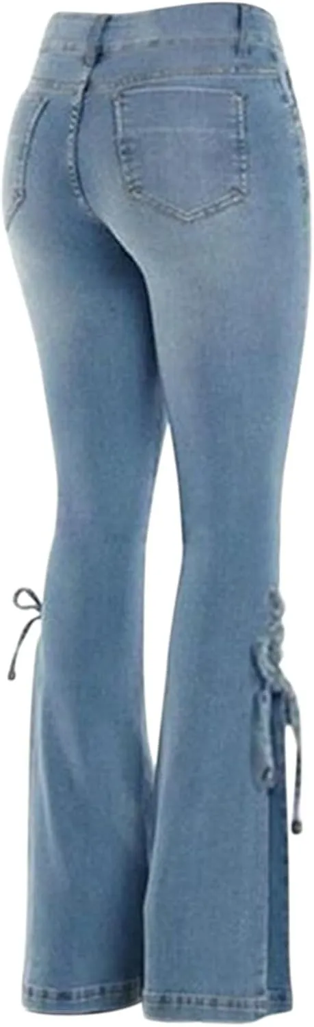 Womens Skinny Bell Bottom Jeans Destroyed Elastic Waist Totally Shaping Tassel Stretch Curvy Fit Jeans