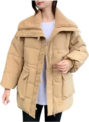 Womens Warm Down Jacket Lapel Lightweight Zipper Long Sleeve Puffer Coat Winter Trendy Solid Outfits with Pockets