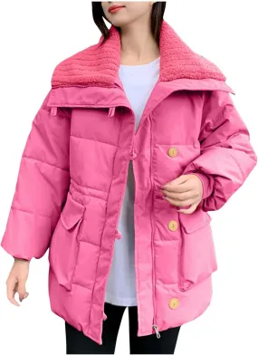 Womens Warm Down Jacket Lapel Lightweight Zipper Long Sleeve Puffer Coat Winter Trendy Solid Outfits with Pockets