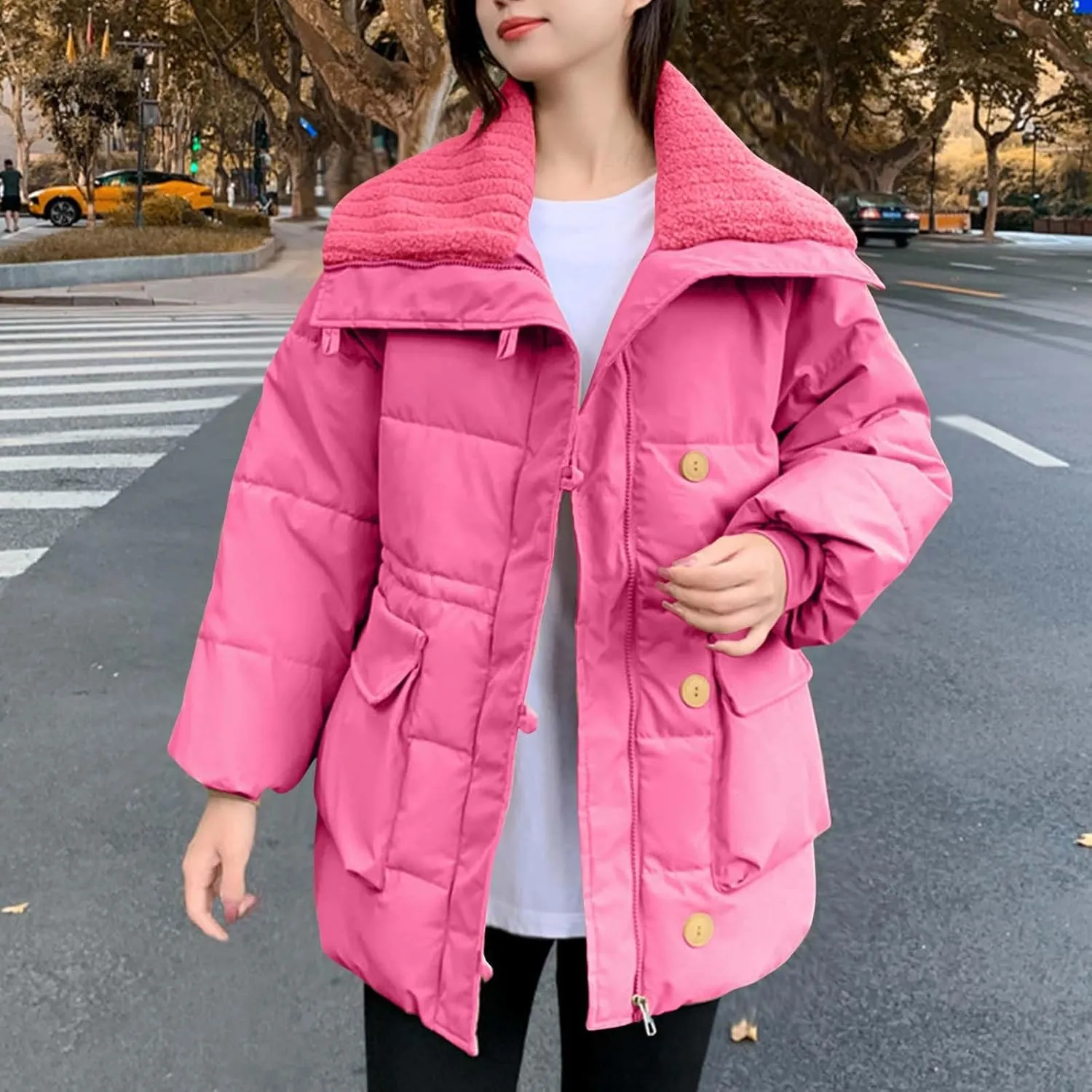 Womens Warm Down Jacket Lapel Lightweight Zipper Long Sleeve Puffer Coat Winter Trendy Solid Outfits with Pockets