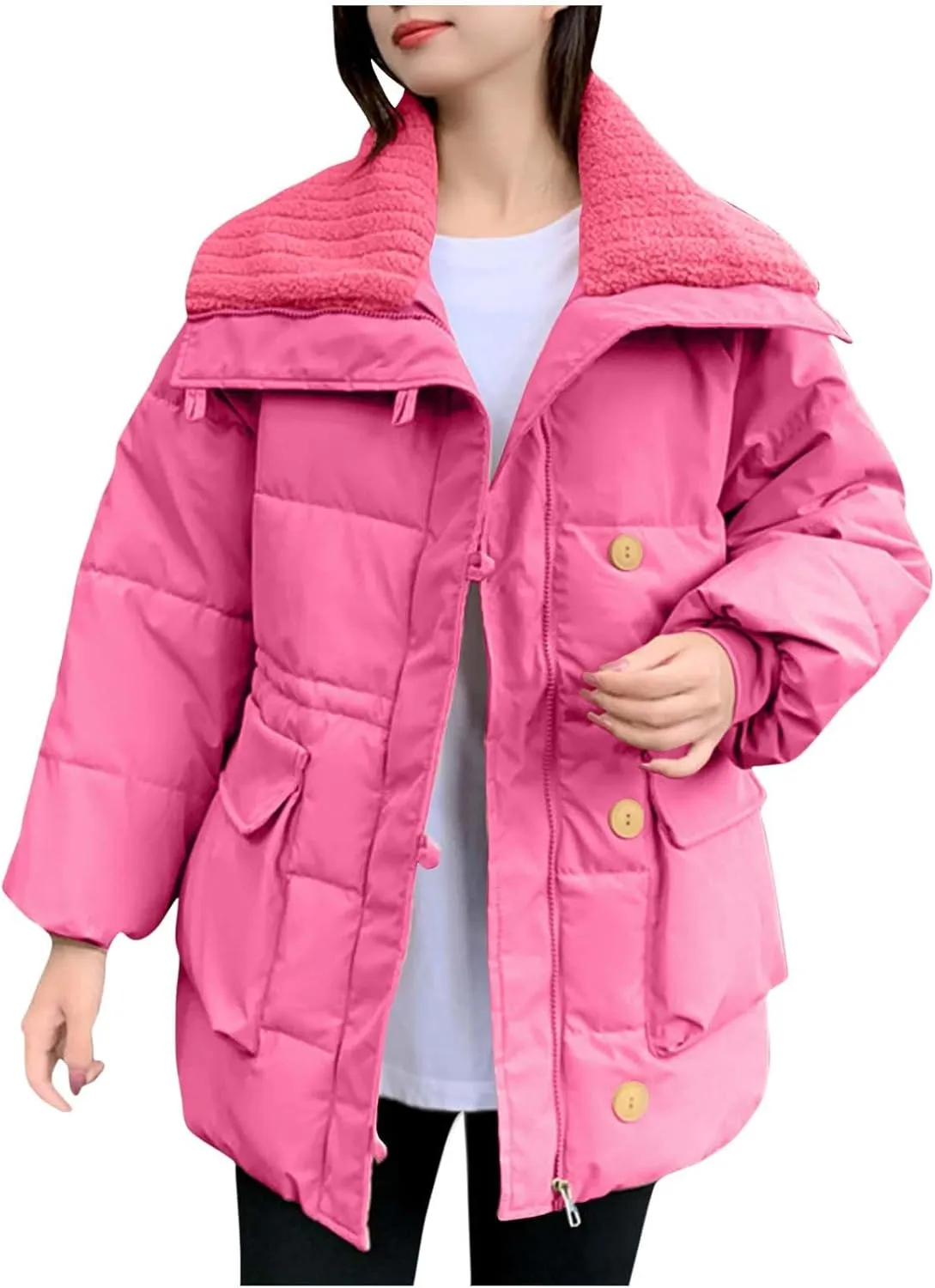 Womens Warm Down Jacket Lapel Lightweight Zipper Long Sleeve Puffer Coat Winter Trendy Solid Outfits with Pockets