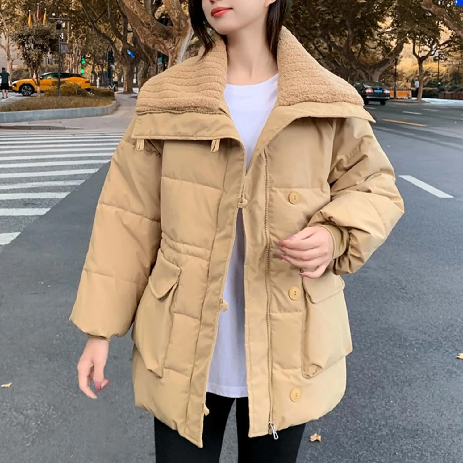 Womens Warm Down Jacket Lapel Lightweight Zipper Long Sleeve Puffer Coat Winter Trendy Solid Outfits with Pockets